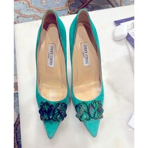 Jimmy Choo green jeweled pumps